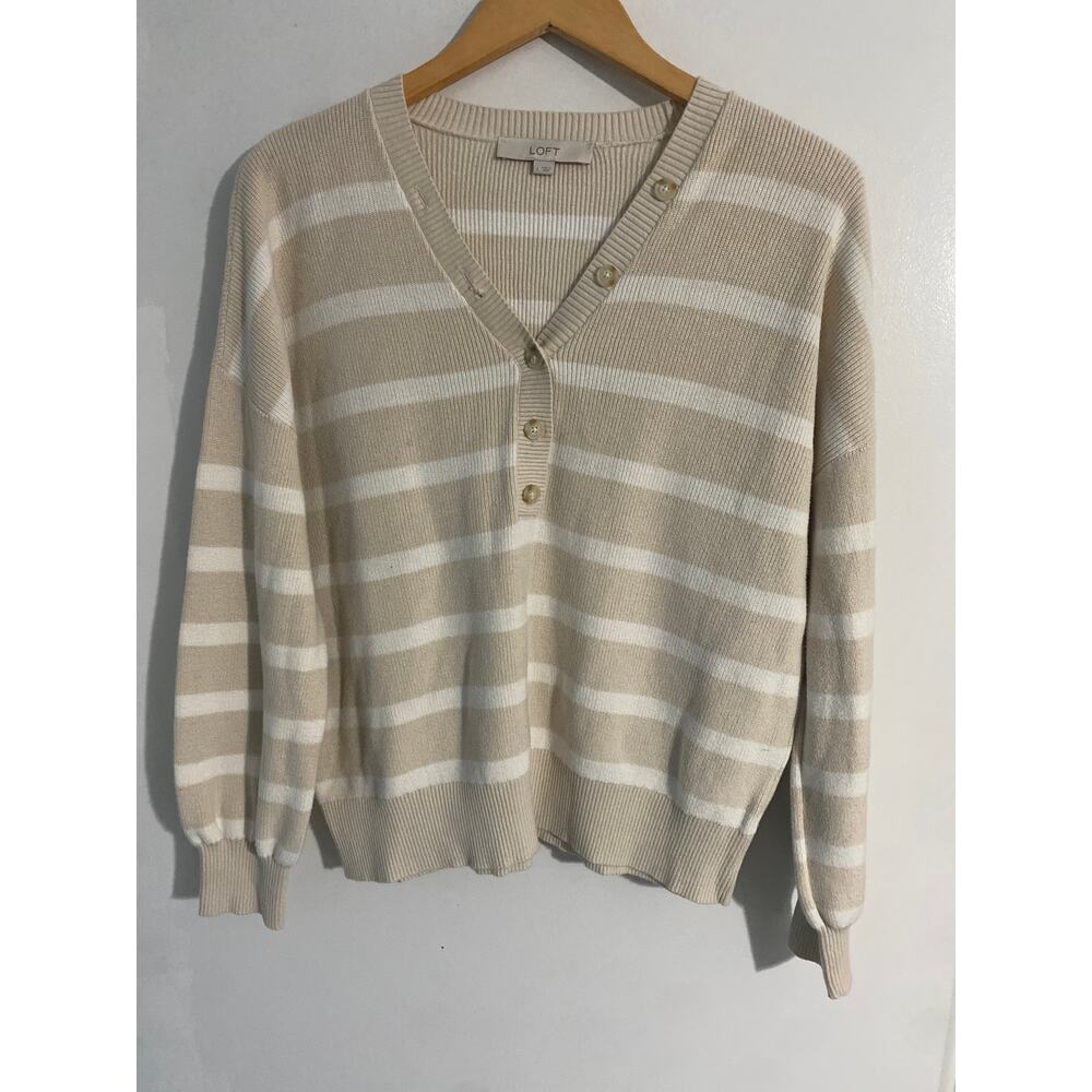 Loft sweater women’s size L beige white striped cotton cozy basic minimalist